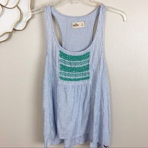Hollister racerback blue and white striped embroidered tank